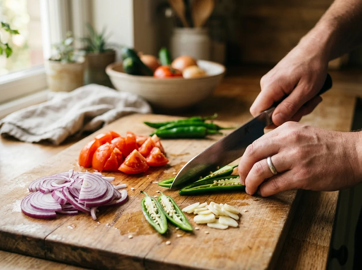 エマ・ダツィの材料。青唐辛子、チーズ、トマト、バターが並ぶ