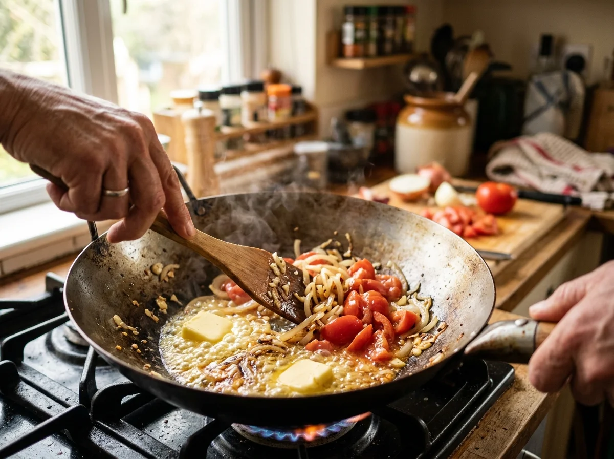 手順1: 青唐辛子を縦半分に切る。種は取り除かない。玉ねぎは薄切り、トマトはざく切り、にんにくは薄切りにする