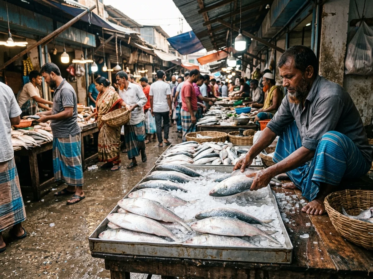 バングラデシュの川辺の市場でヒルサが並んでいる光景。銀色の魚が氷の上に並ぶ
