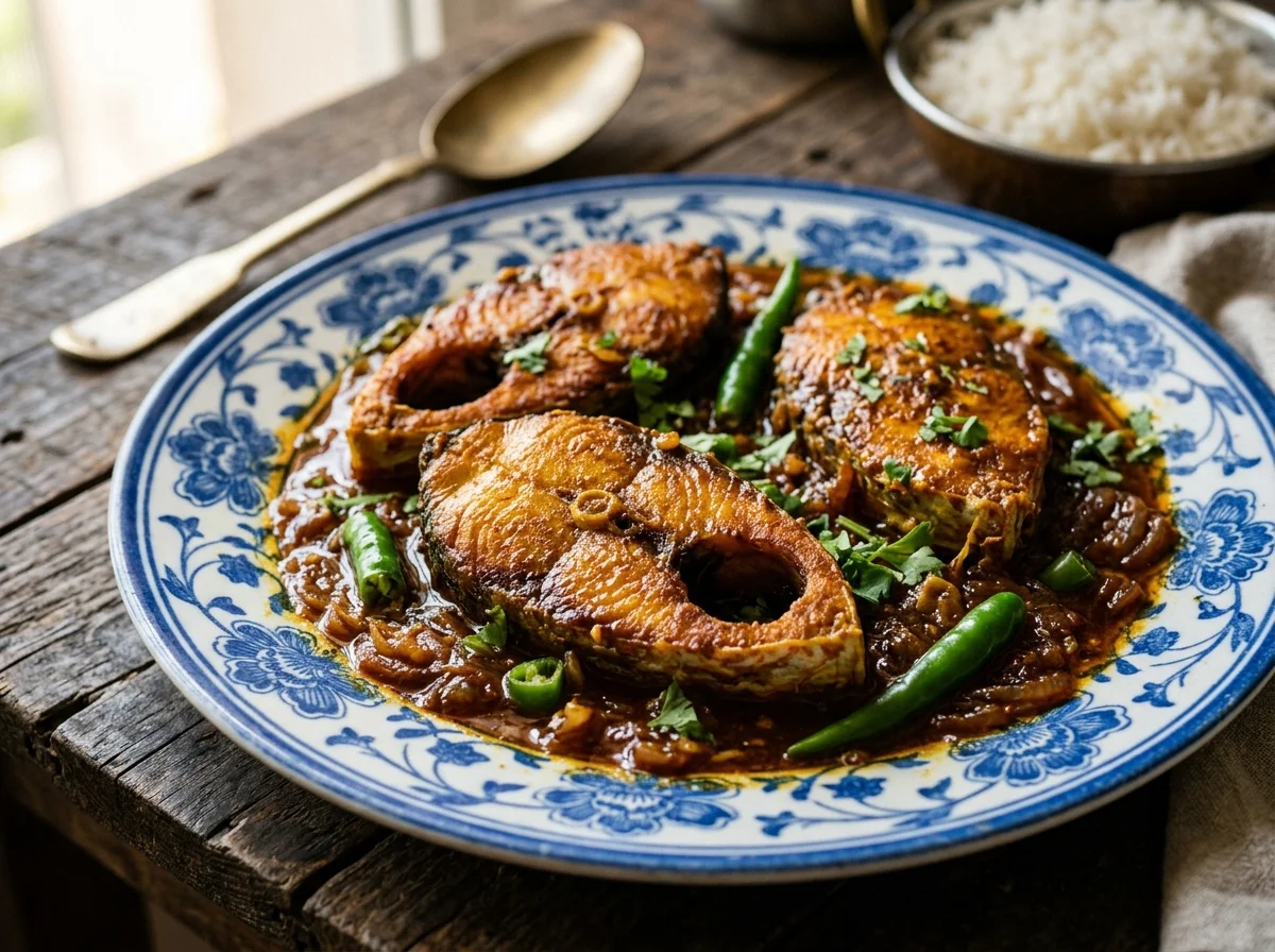 バングラデシュの国魚ヒルサで作るイリッシュ・ブナ。ターメリックで黄金色に焼いたヒルサをスパイスソースで煮込んだ一皿