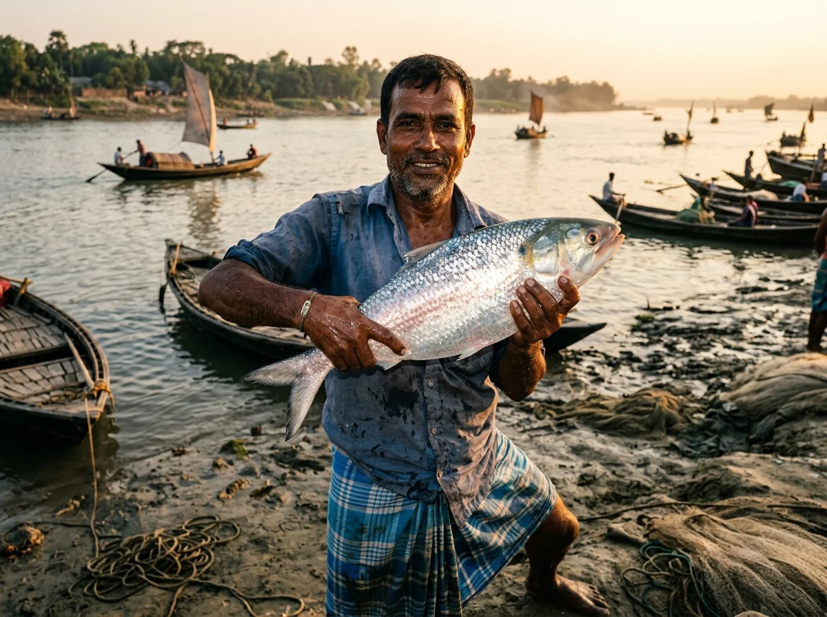 バングラデシュの漁村でヒルサを持つ漁師の様子。銀色に輝く大きな魚