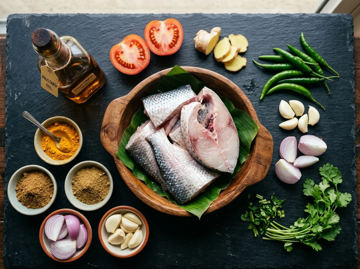 イリッシュ・ブナの材料。ヒルサの切り身、マスタードオイル、ターメリック、各種スパイスが並んでいる