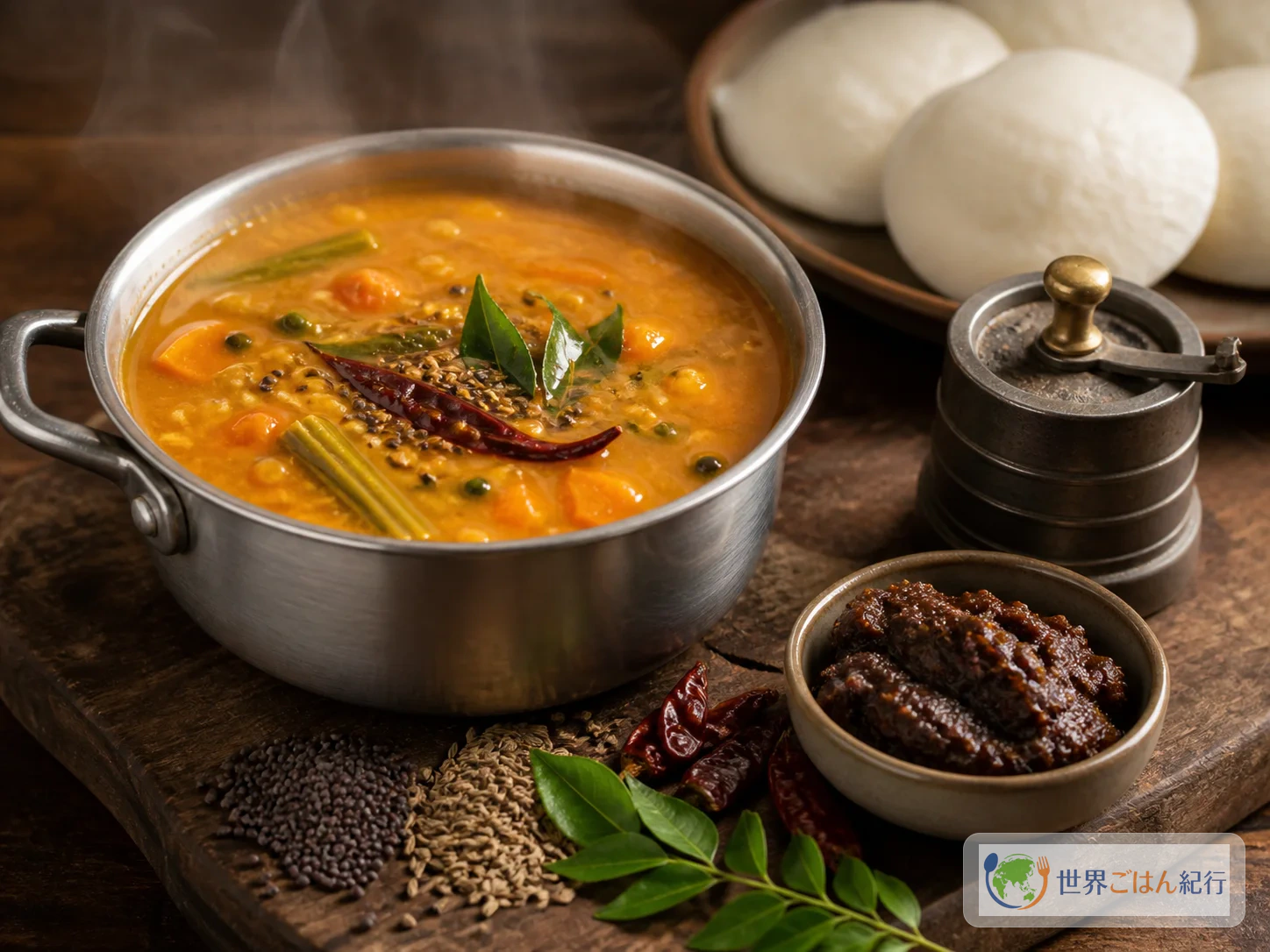 マスタードシード、クミン、フェヌグリークなどのスパイスを小さなミルで扱う台所