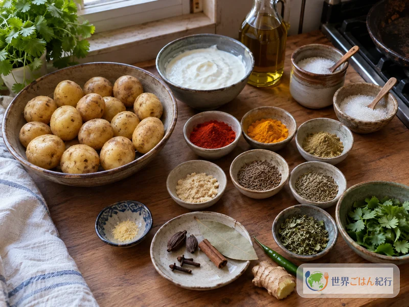 카슈미르 둠 알루 재료인 햇감자, 요구르트, 카슈미르 칠리 가루, 펜넬 가루, 생강 가루, 통향신료, 머스터드 오일