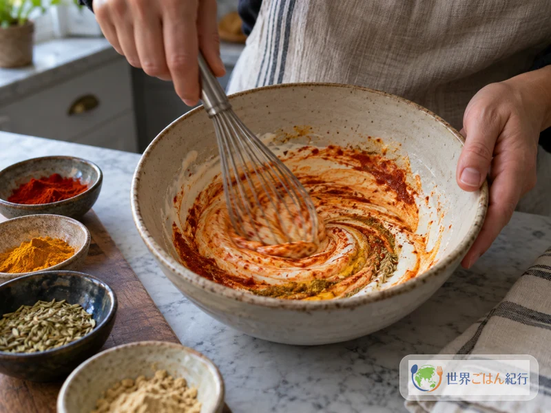 볼 안에서 요구르트에 카슈미르 칠리 가루와 향신료를 넣고 거품기로 매끈하게 섞기