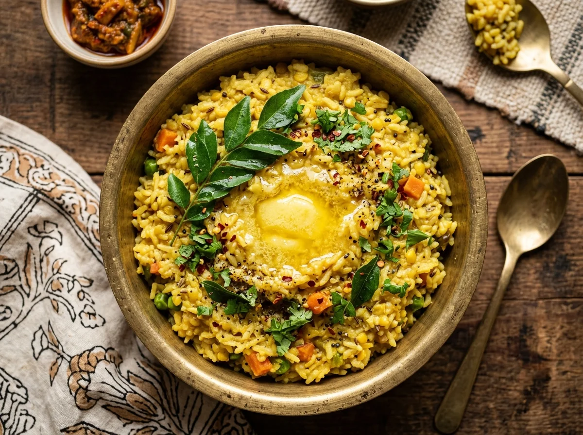 真鍮の器に盛られたインドのキチュリ。黄金色の米と豆の粥にギーとカレーリーフがのっている