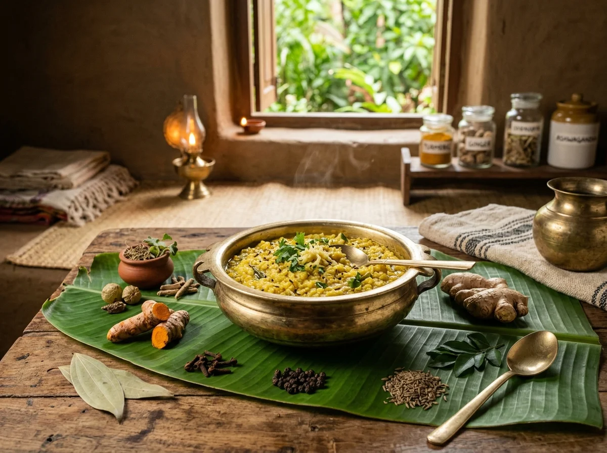 バナナの葉の上にキチュリが盛られ、周囲にターメリックの根やしょうがが置かれたアーユルヴェーダの食卓