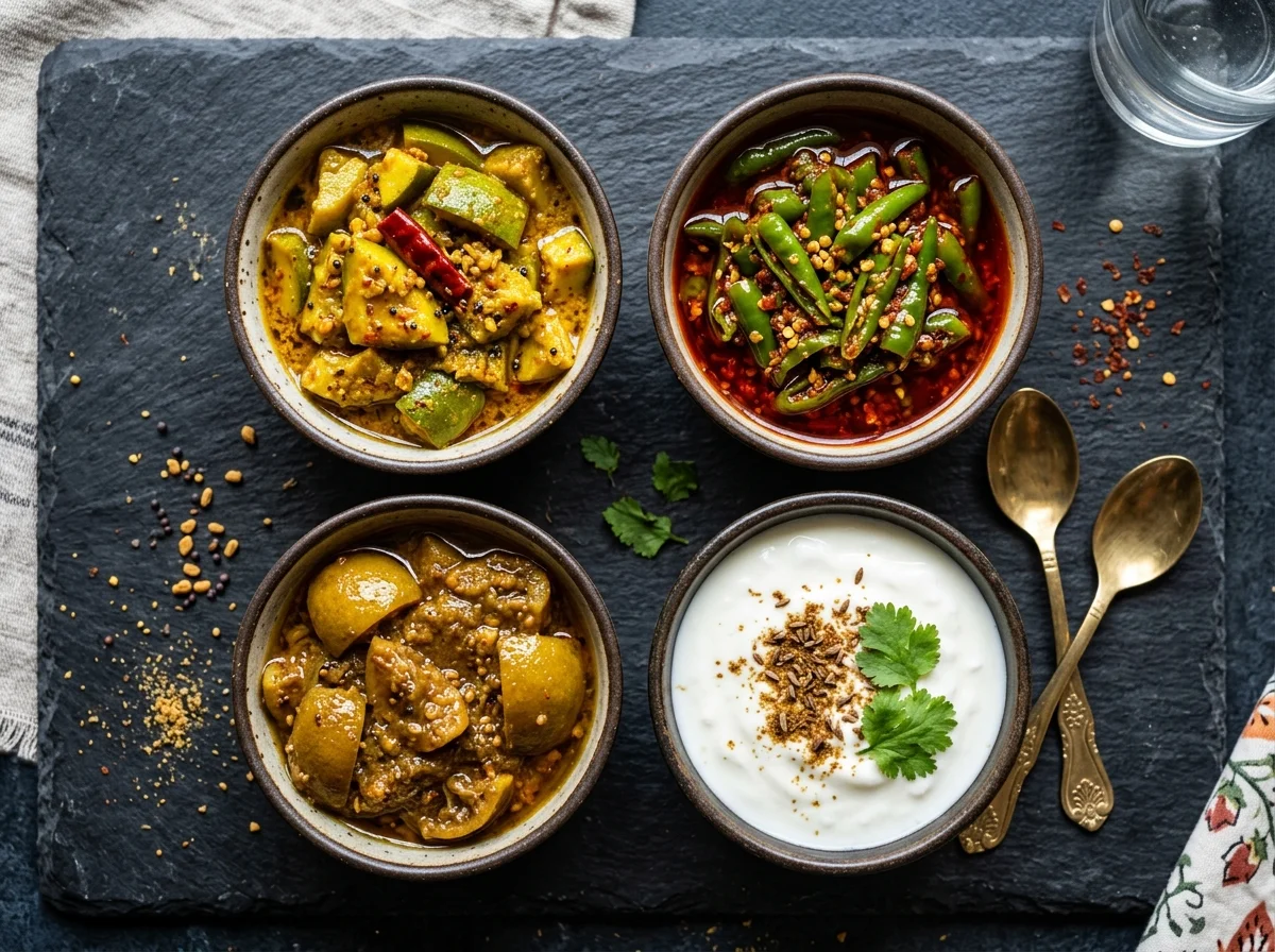 キチュリの付け合わせ。マンゴーピクルス、ライムピクルス、チリピクルス、ヨーグルトが小皿に並ぶ