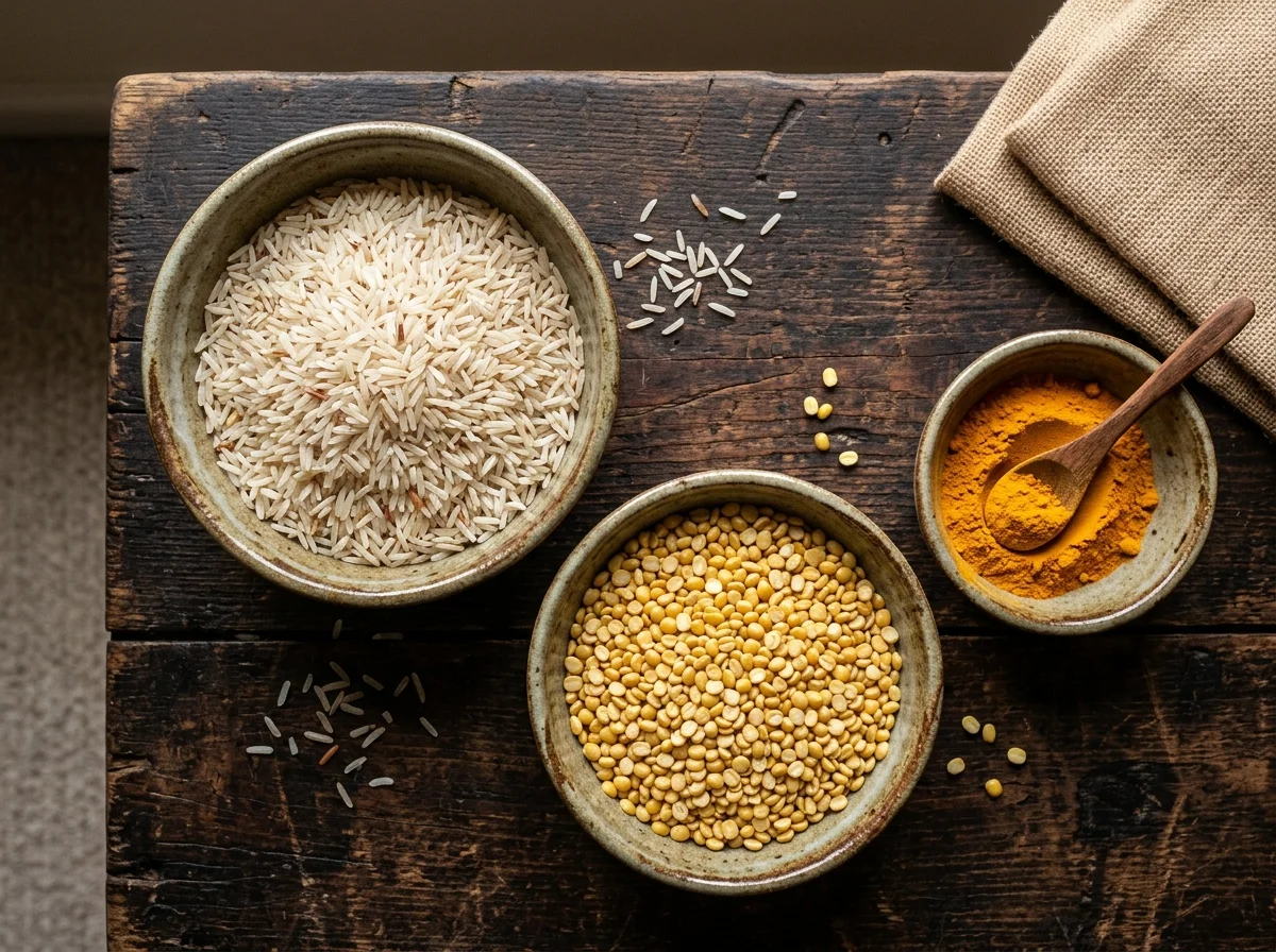 キチュリの材料。バスマティ米、ムング豆、ターメリック、クミンなどが小皿に盛られている