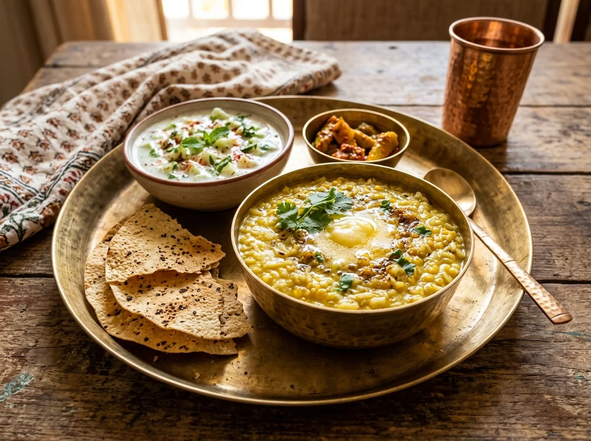 真鍮のターリー皿にキチュリとピクルス、パパド、ヨーグルトが盛られたインドの食卓