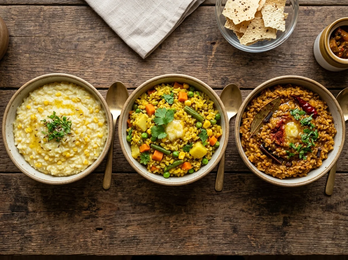 3種類のキチュリが小さなボウルに並んでいる。プレーン、野菜入り、マサラ入り