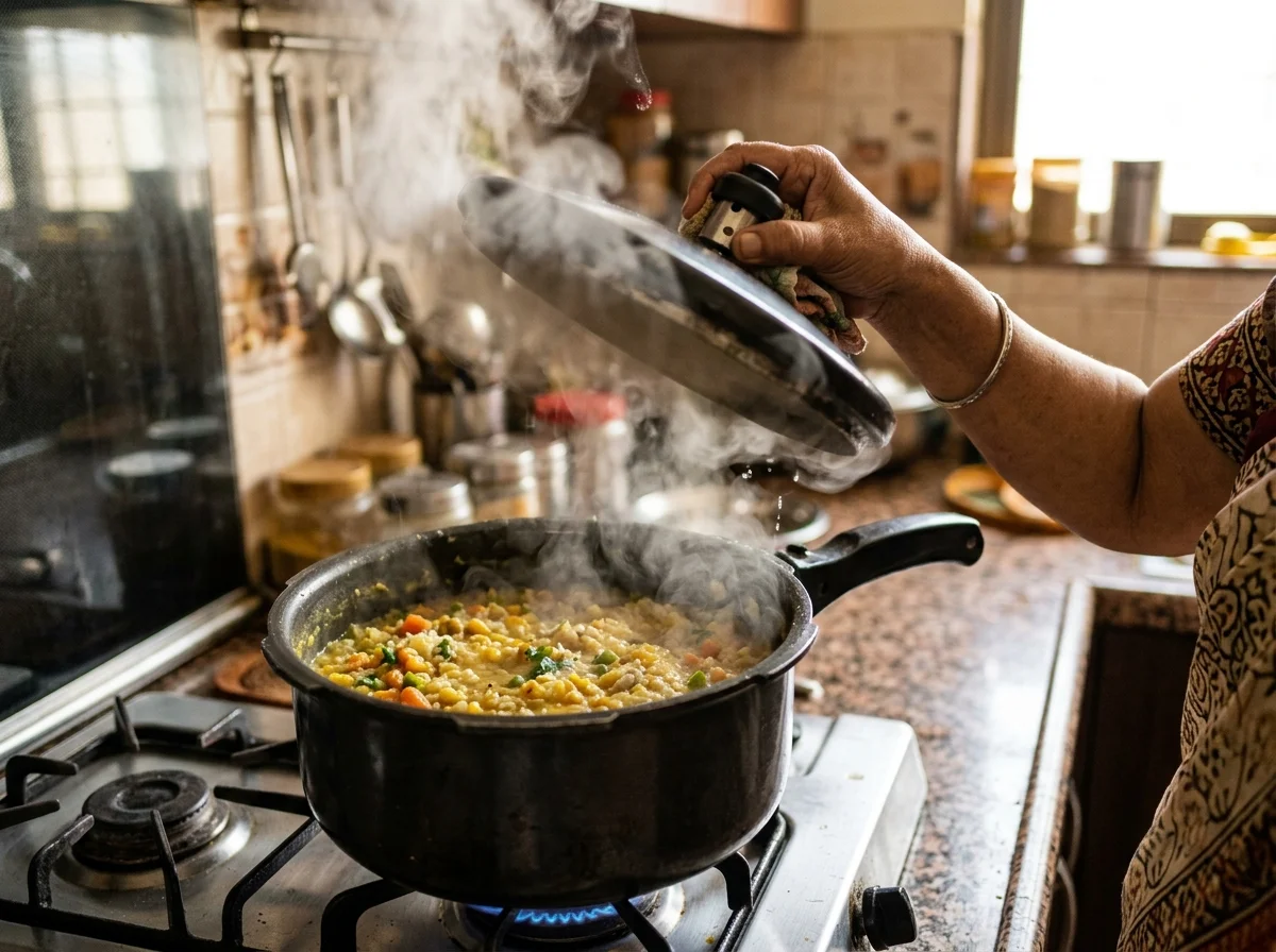 手順5: マスタードシードが弾け始めたら（約10秒）、アサフェティダをひとふり加える。