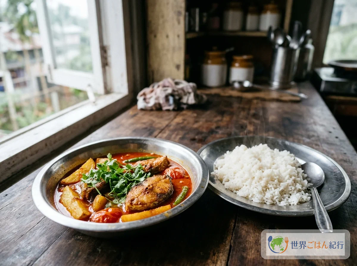 토마토의 붉고 맑은 국물에 구운 색이 난 생선 토막과 감자가 떠 있는 아삼의 생선 카레
