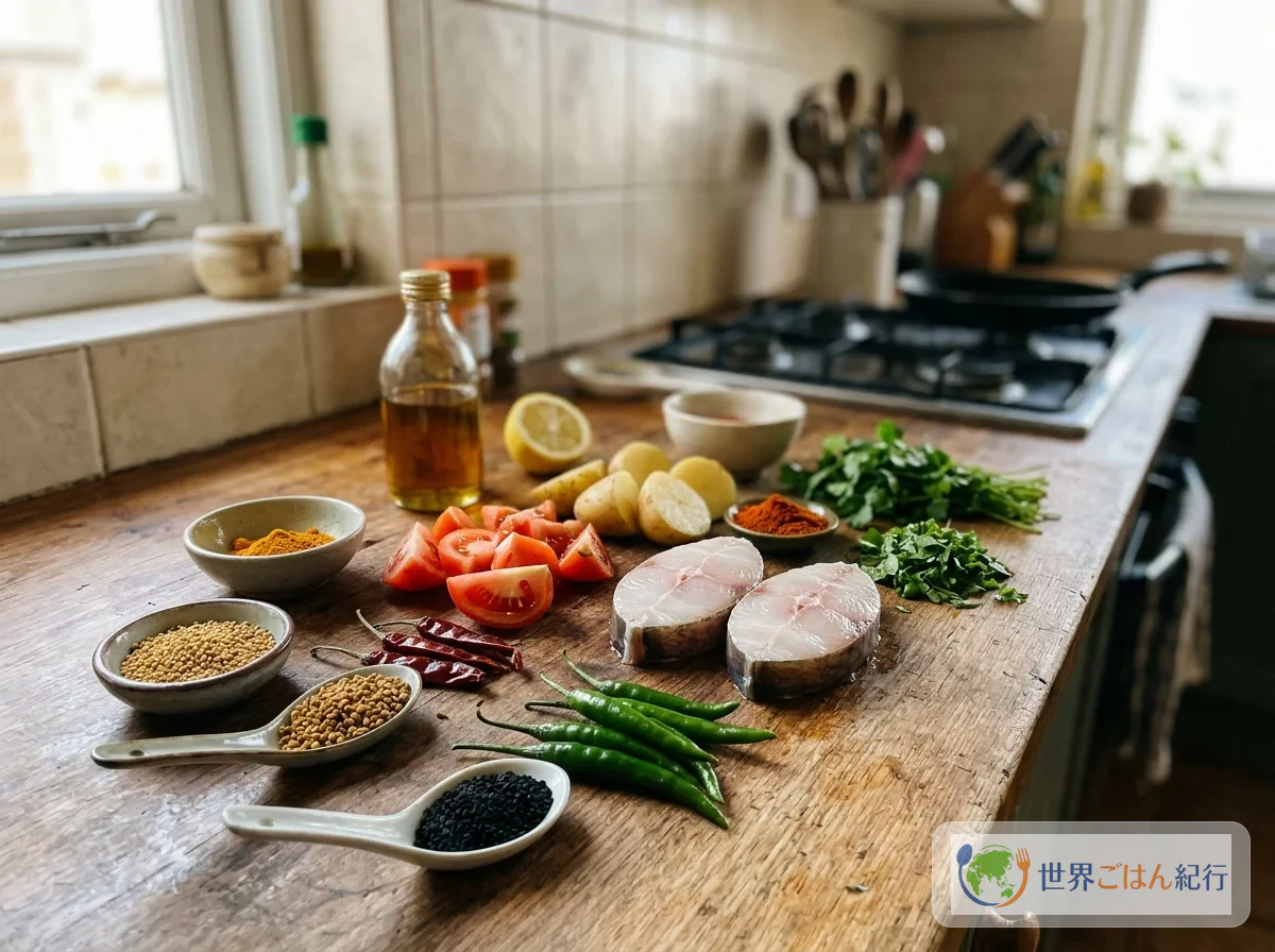 마소르 텡가 재료인 흰살생선 토막, 토마토, 감자, 청고추, 마른 붉은 고추, 향신료 씨앗, 머스터드 오일, 레몬, 고수