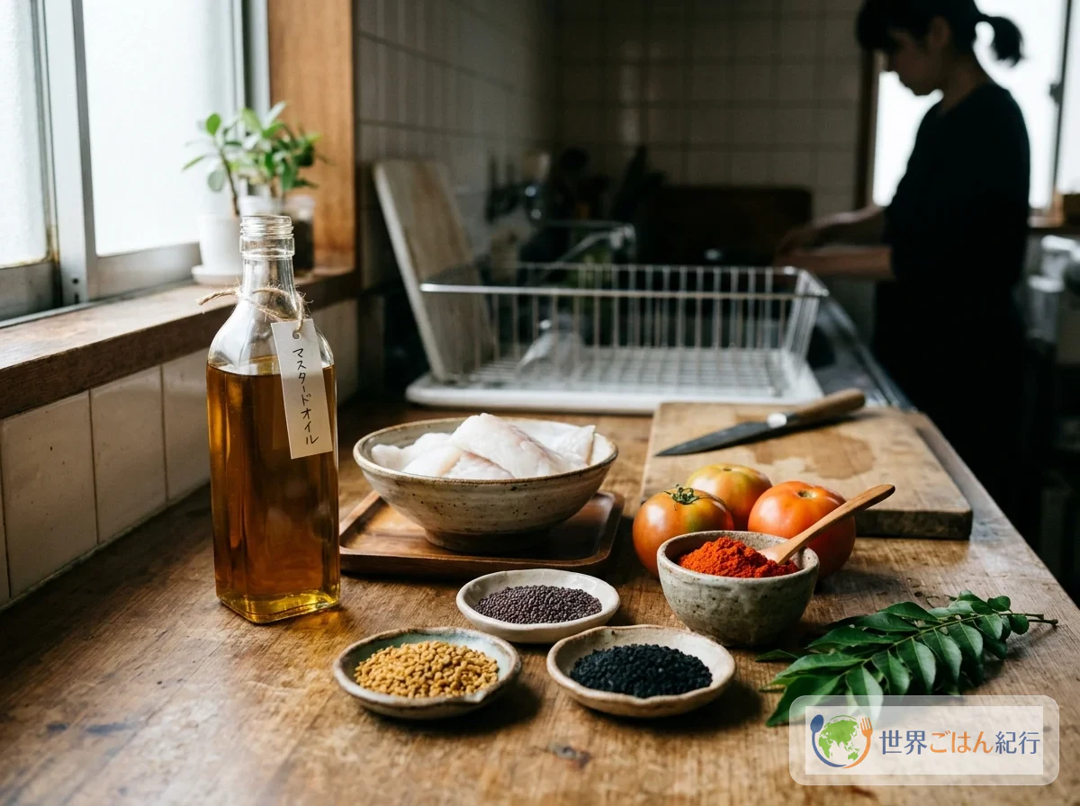 머스터드 오일, 페누그릭 씨, 머스터드 씨, 니겔라 씨, 카슈미르 칠리 가루, 토마토, 흰살생선 토막