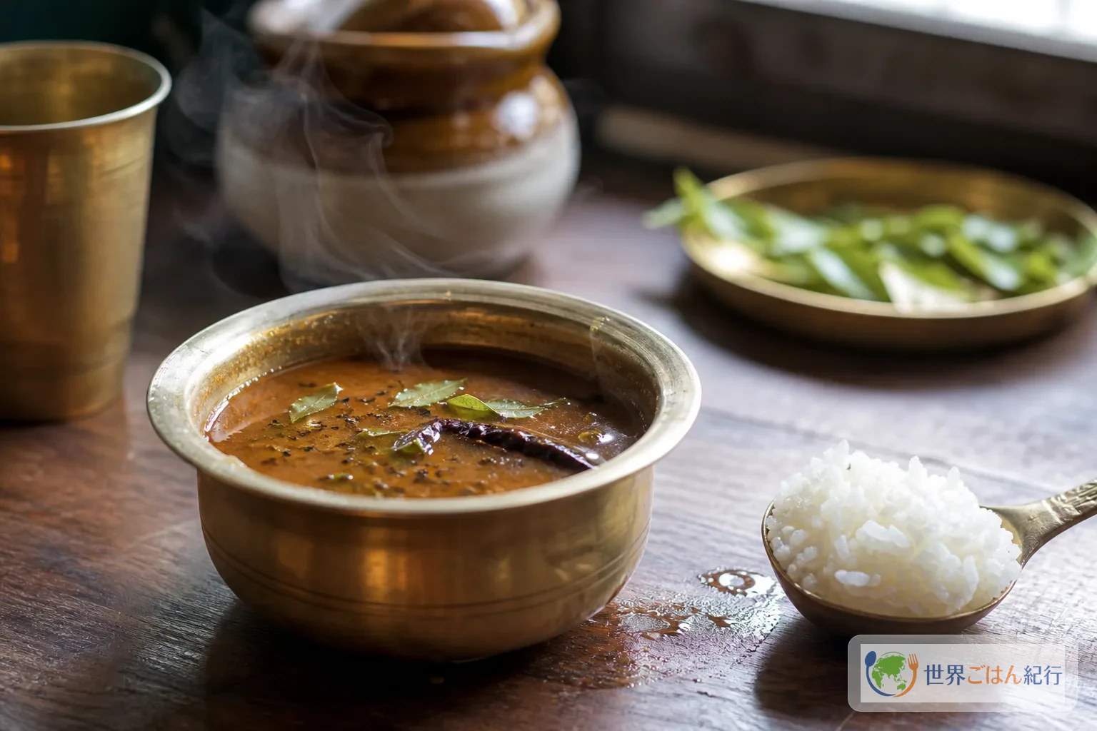 白いご飯を添えたラッサムの小さな器。赤茶色の汁から湯気が立ち、カレーリーフと乾燥赤唐辛子が浮いている
