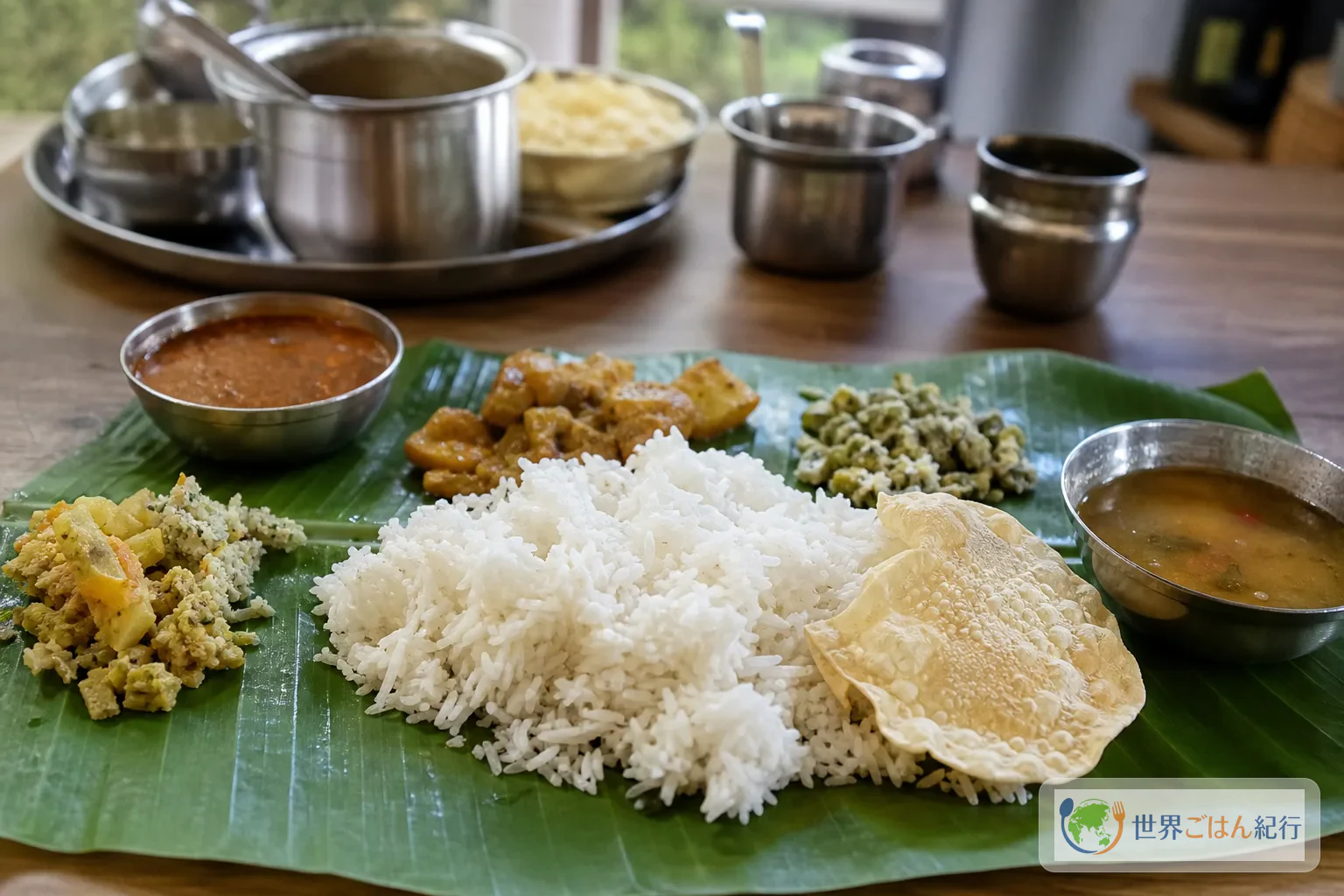 バナナの葉を使った南インドの食卓を思わせる盛り付け。米を中心に小さな器へラッサムと副菜が並ぶ