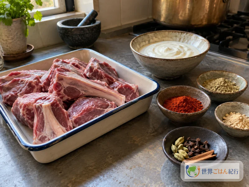 日本で買える骨付きラム肉、プレーンヨーグルト、カシミールチリパウダー、スパイス類