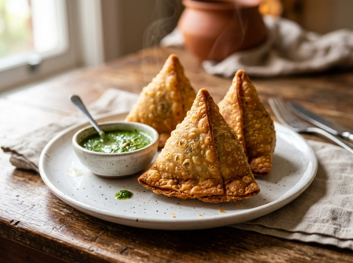 揚げたてのサモサが白い皿に3つ盛られ、緑のミントチャトニが添えられている
