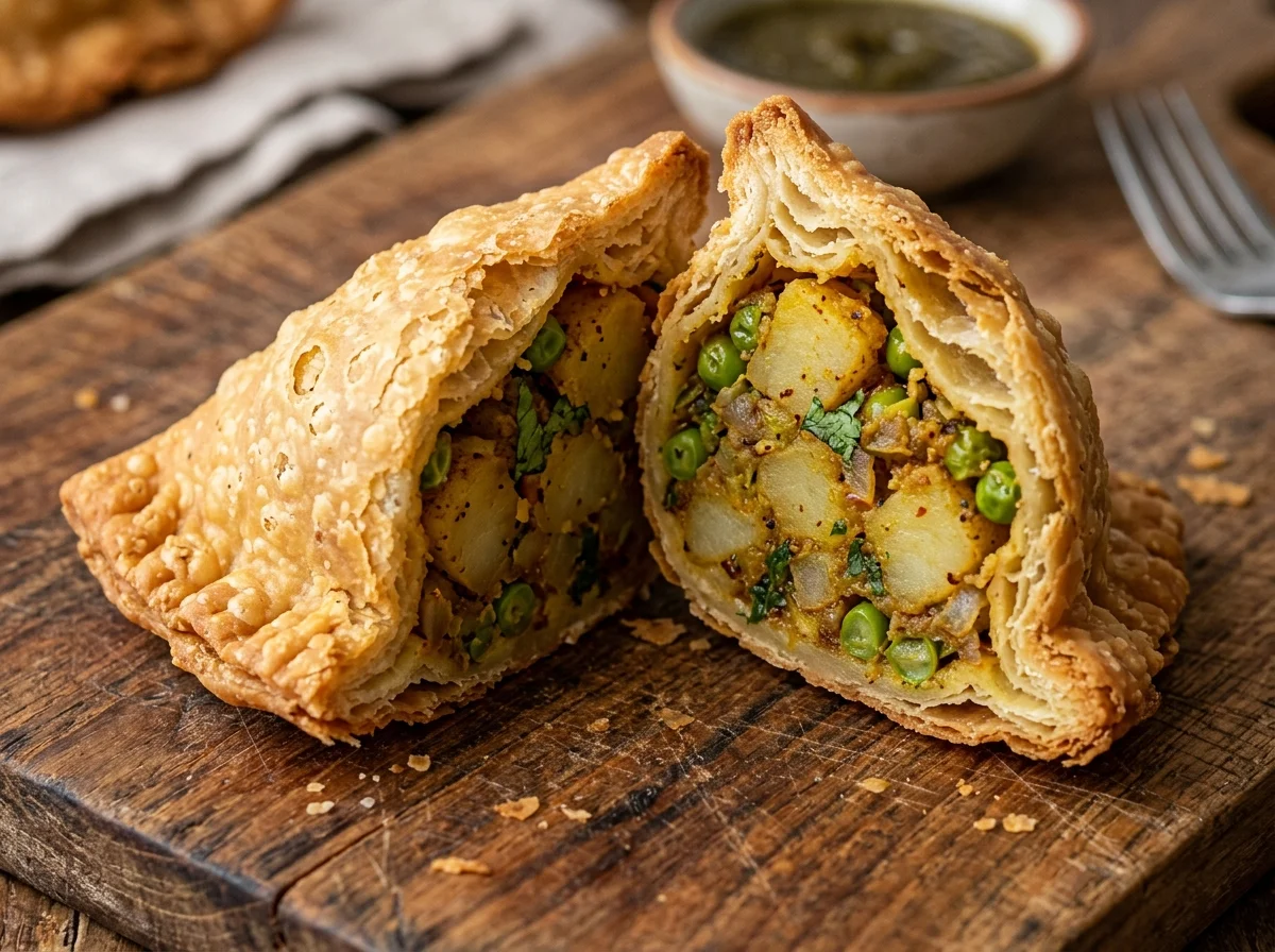 サモサの断面。じゃがいもとグリーンピースのスパイシーなフィリングが見える