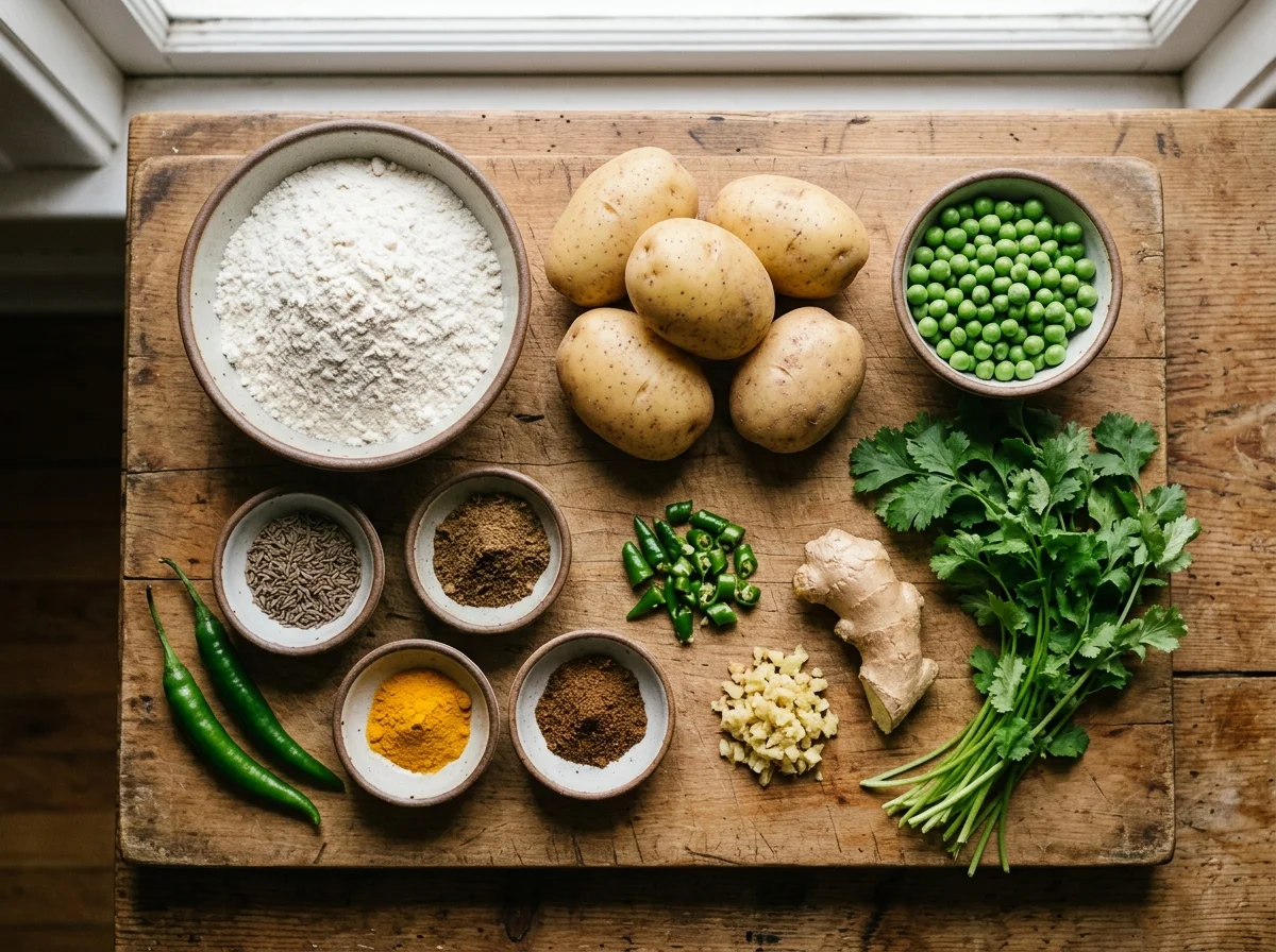 サモサの材料一式。小麦粉、じゃがいも、スパイス、グリーンピースが並ぶ