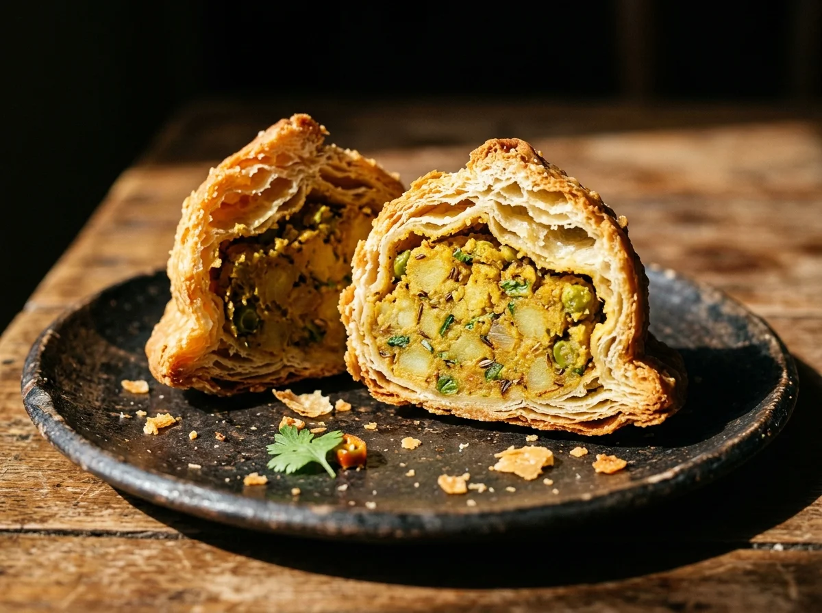 揚げたてサモサの断面アップ。パリパリの層状の生地とスパイシーなフィリングが見える