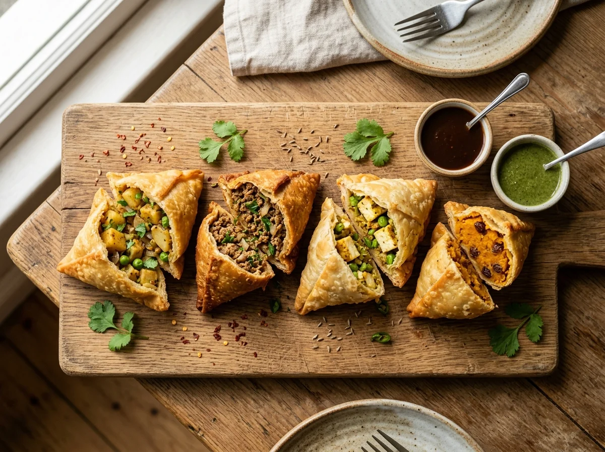 様々な具材のサモサ。じゃがいも、キーマ、パニール、スイートポテトの4種類