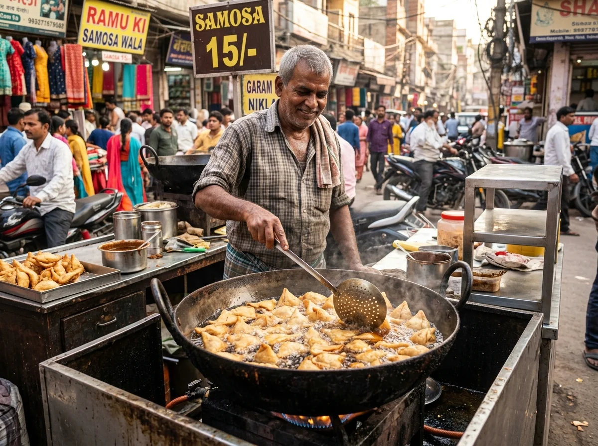 インドの街角の屋台。大きな鉄鍋でサモサを揚げている様子