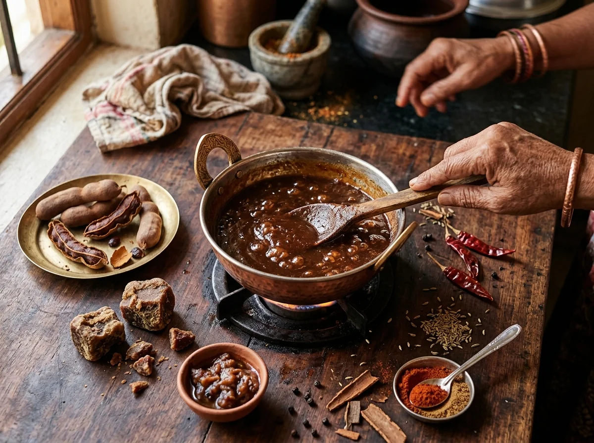 タマリンドチャトニの材料と完成品。褐色の甘酸っぱいソース