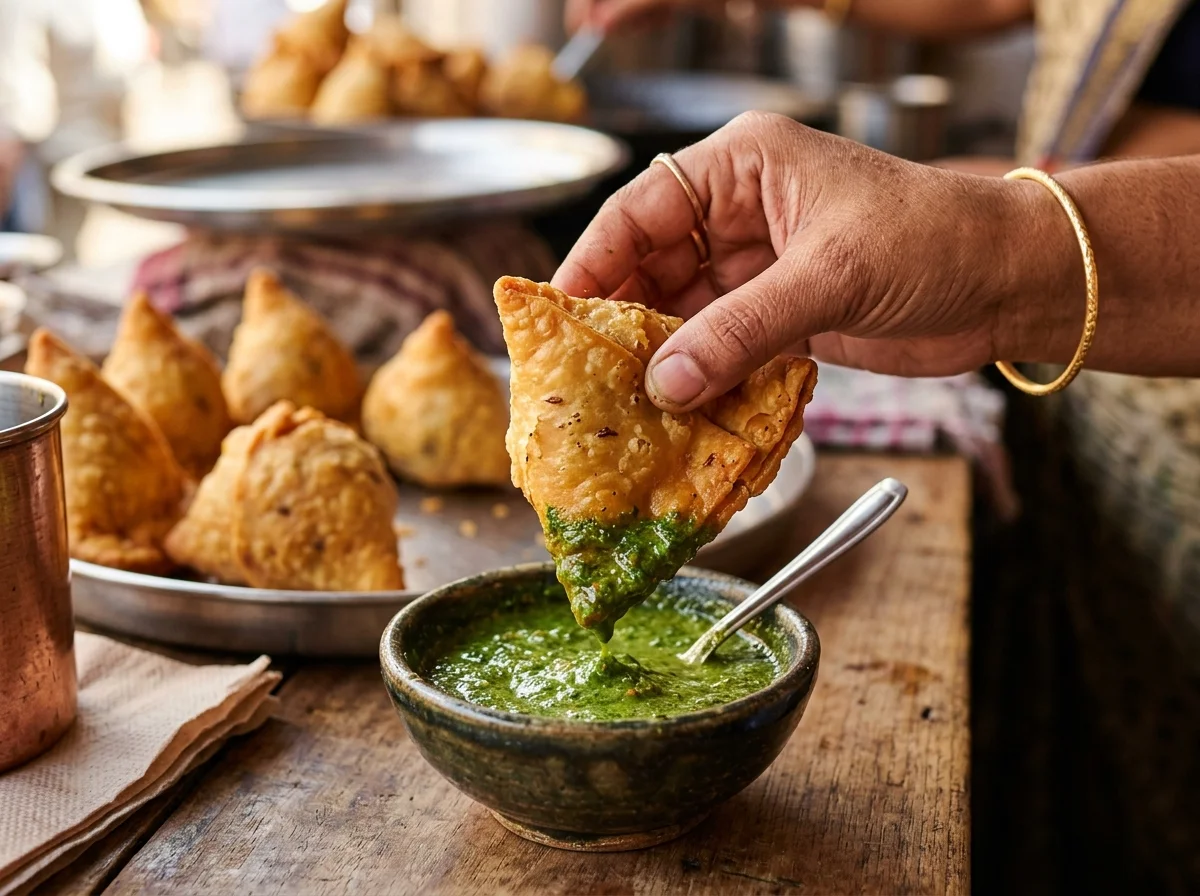 揚げたてのサモサをチャトニにつけて食べようとしている