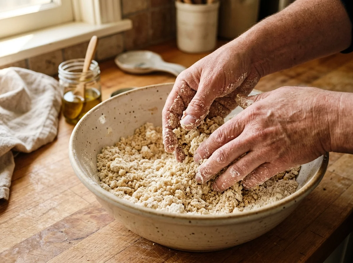 生地に油をすり込んでいる。粉がしっとりしたパン粉状に変わった段階