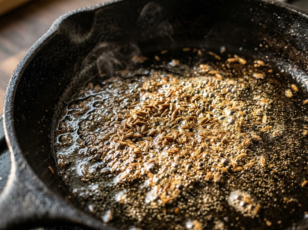 フライパンでクミンシードを油で弾けさせている
