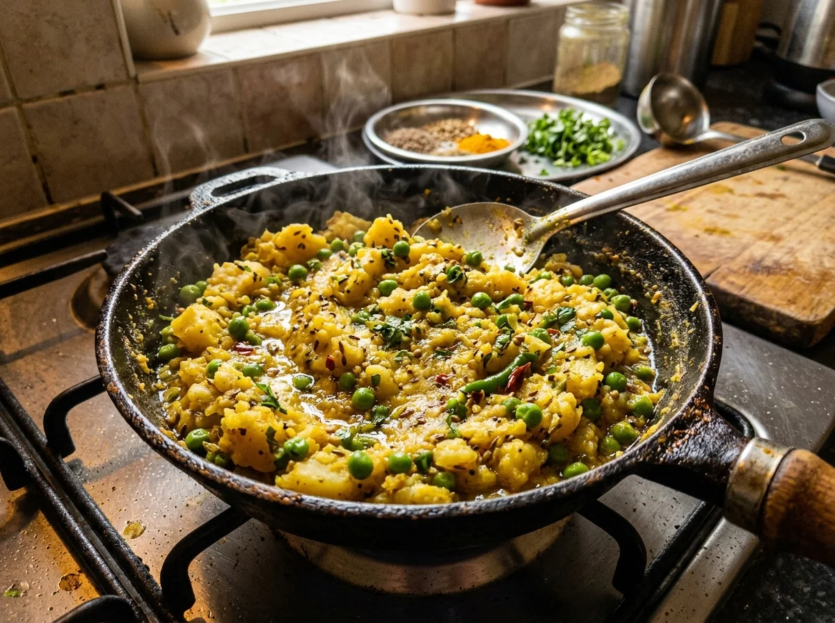 スパイスとじゃがいもが混ざったフィリング。黄金色のスパイスポテトにグリーンピースが点在