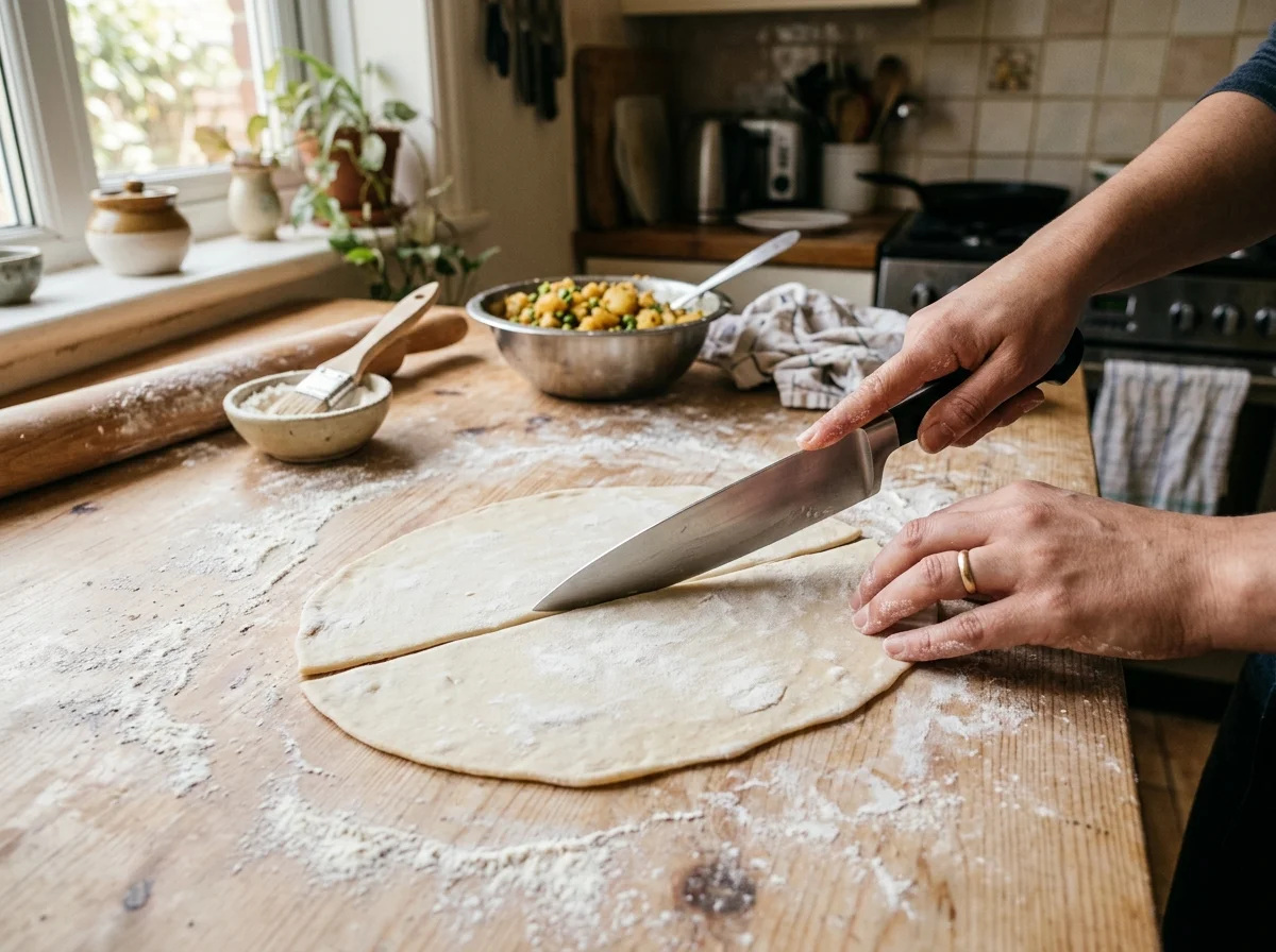 楕円形に伸ばした生地を半分に切っている