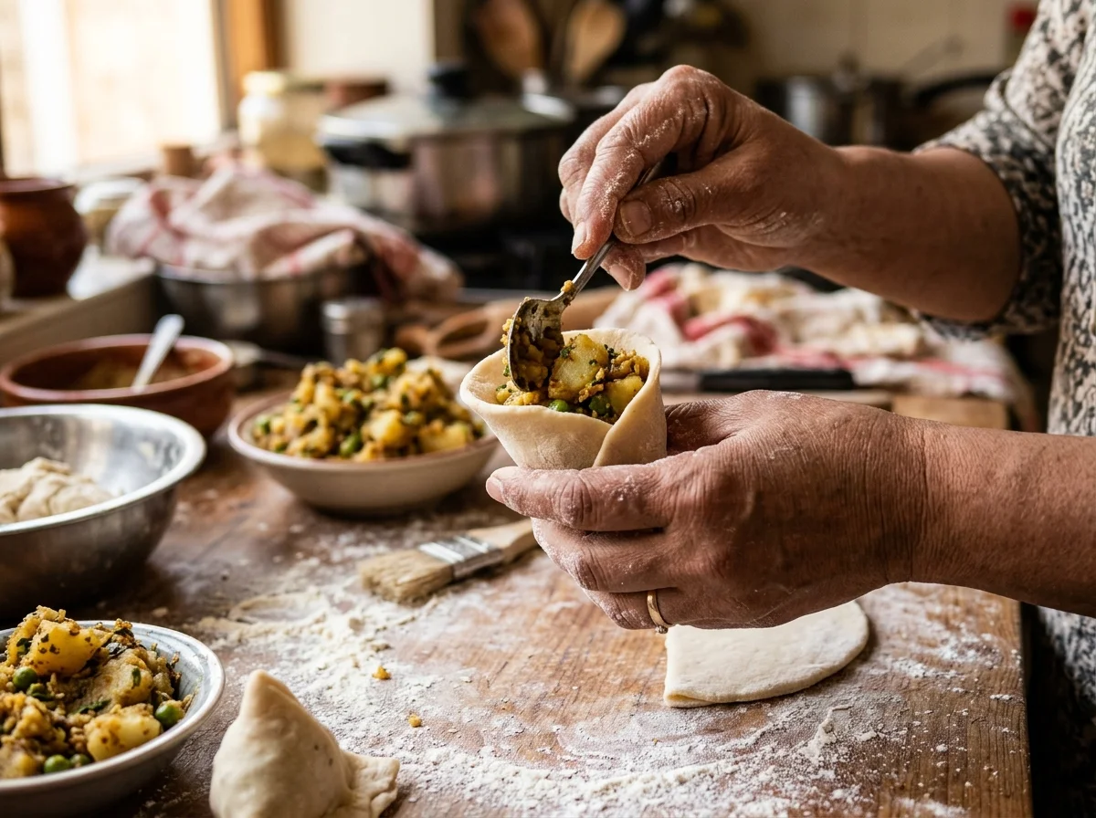 半円形の生地を円錐形に巻いている途中