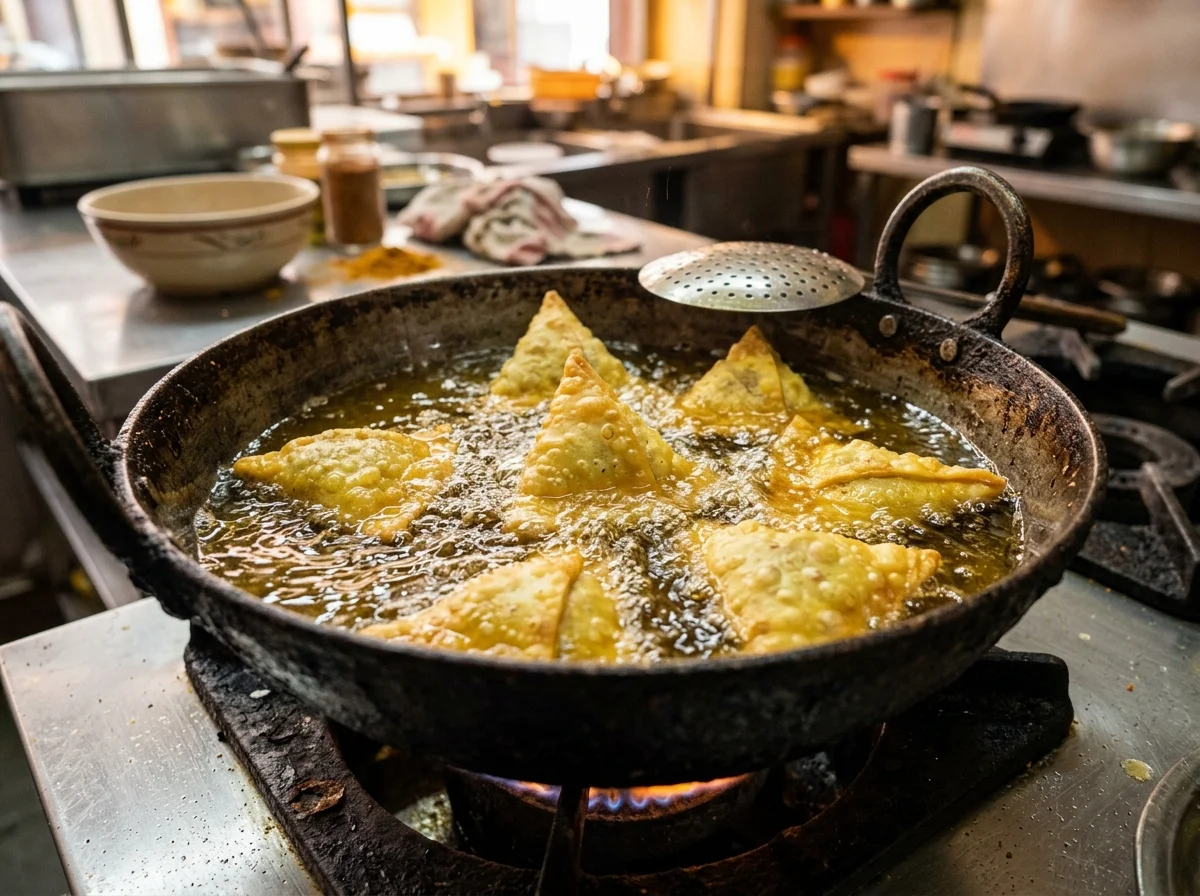 サモサを低温の油に静かに入れている