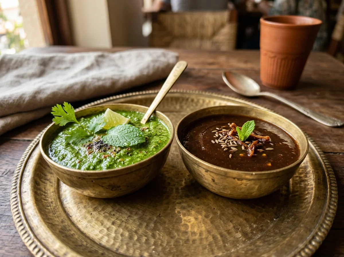 鮮やかな緑色のミントチャトニと、タマリンドチャトニが小皿に盛られている