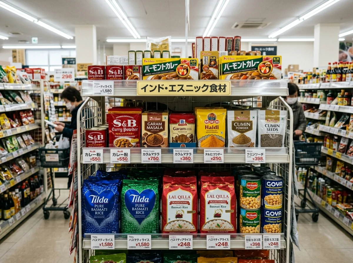 インド料理に使うスパイスと豆、米を並べた買い出しイメージ