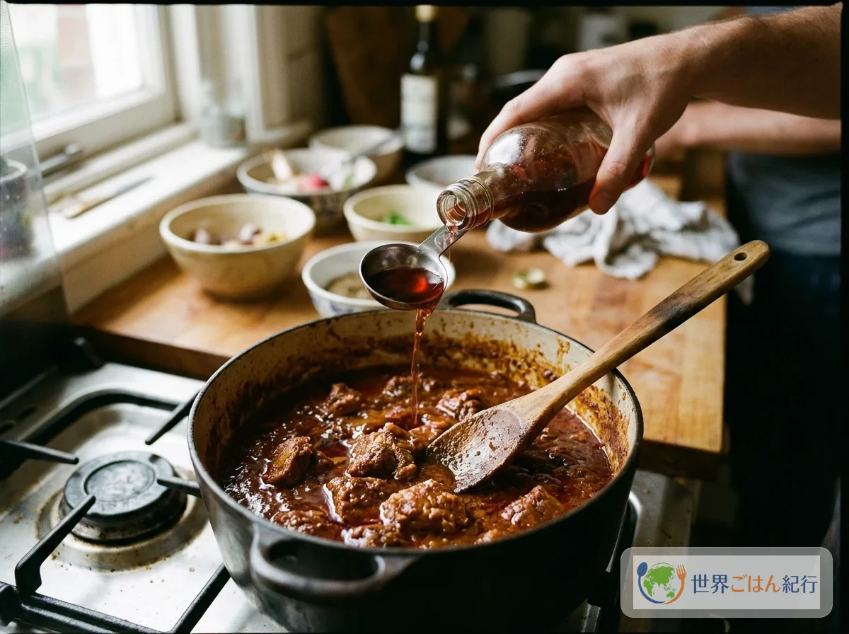 다 끓인 빈달루에 레드 와인 식초를 더해 맛을 정하기
