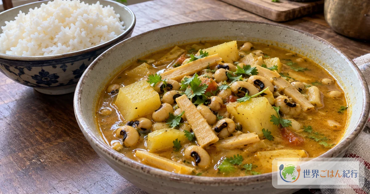 じゃがいも、たけのこ、黒目豆が入った黄色いスープ状のネパールのアル・タマと白いご飯