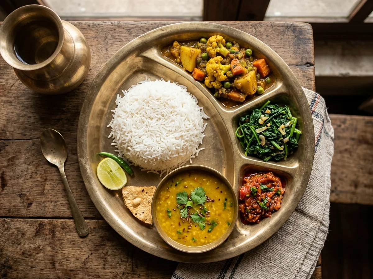 ネパールの伝統的なダルバート。真鍮のターリー皿にダル・バート・タルカリ・アチャール・サーグが美しく盛られている