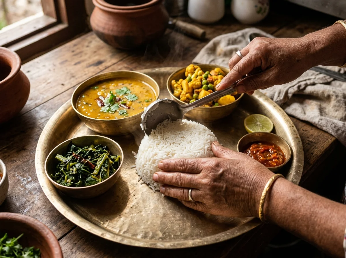 手順6: ダルを小鉢または皿の一角に注ぐ。タルカリ・アチャールを周囲に配置する