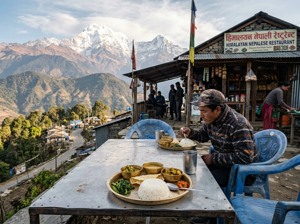 ネパールのヒマラヤ山麓にある食堂で提供されるダルバート
