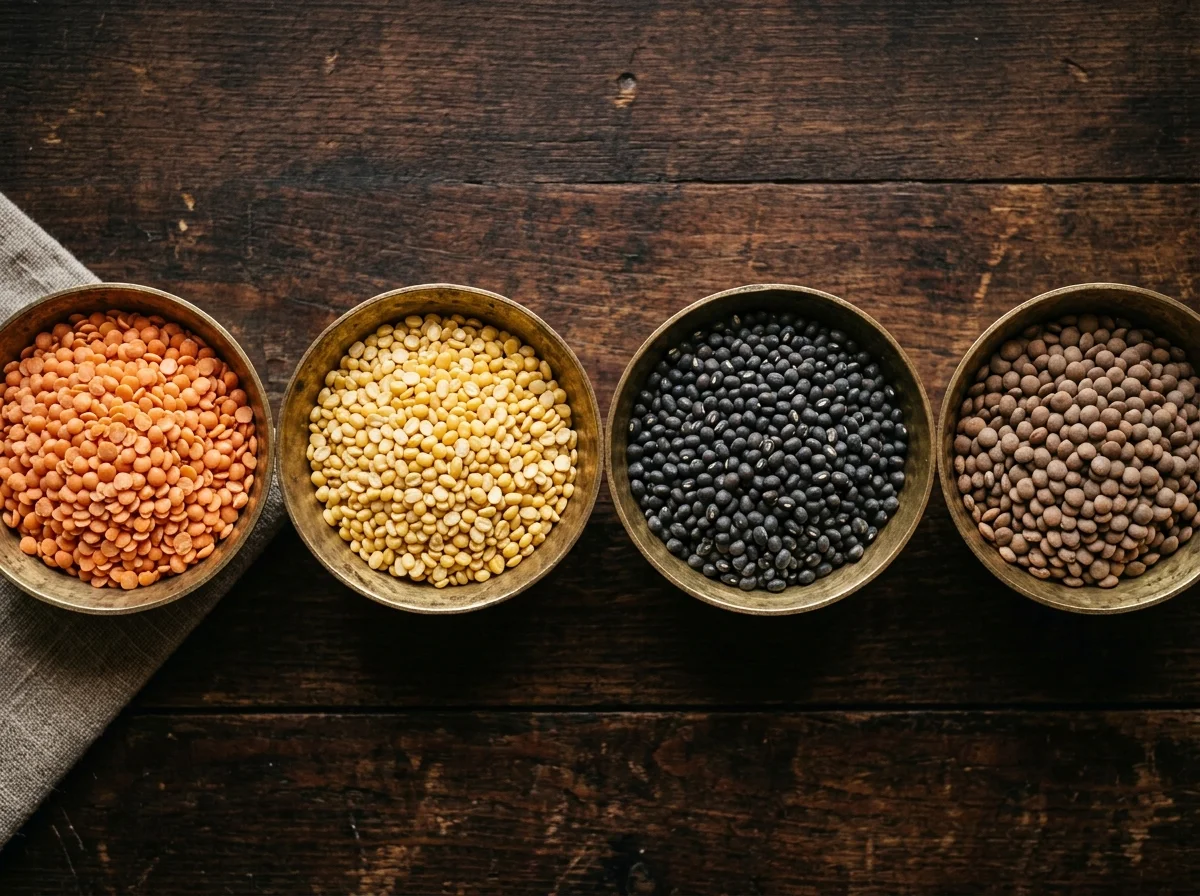 さまざまな種類のダル（豆）が真鍮の小皿に並ぶ。マスールダル、ムングダル、チャナダルなど色とりどり