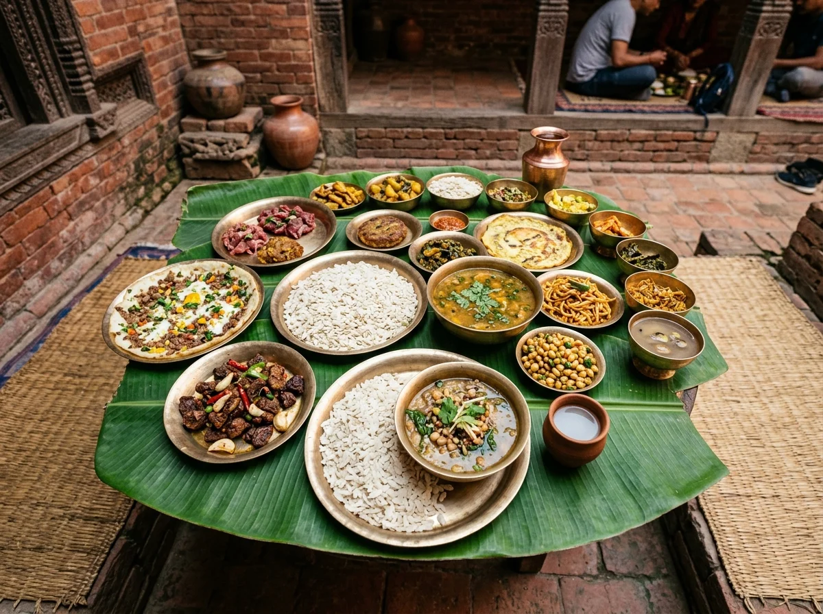 ネワール族の伝統的な食事。チウラやクヮティなどが並ぶ豪華なネワール料理