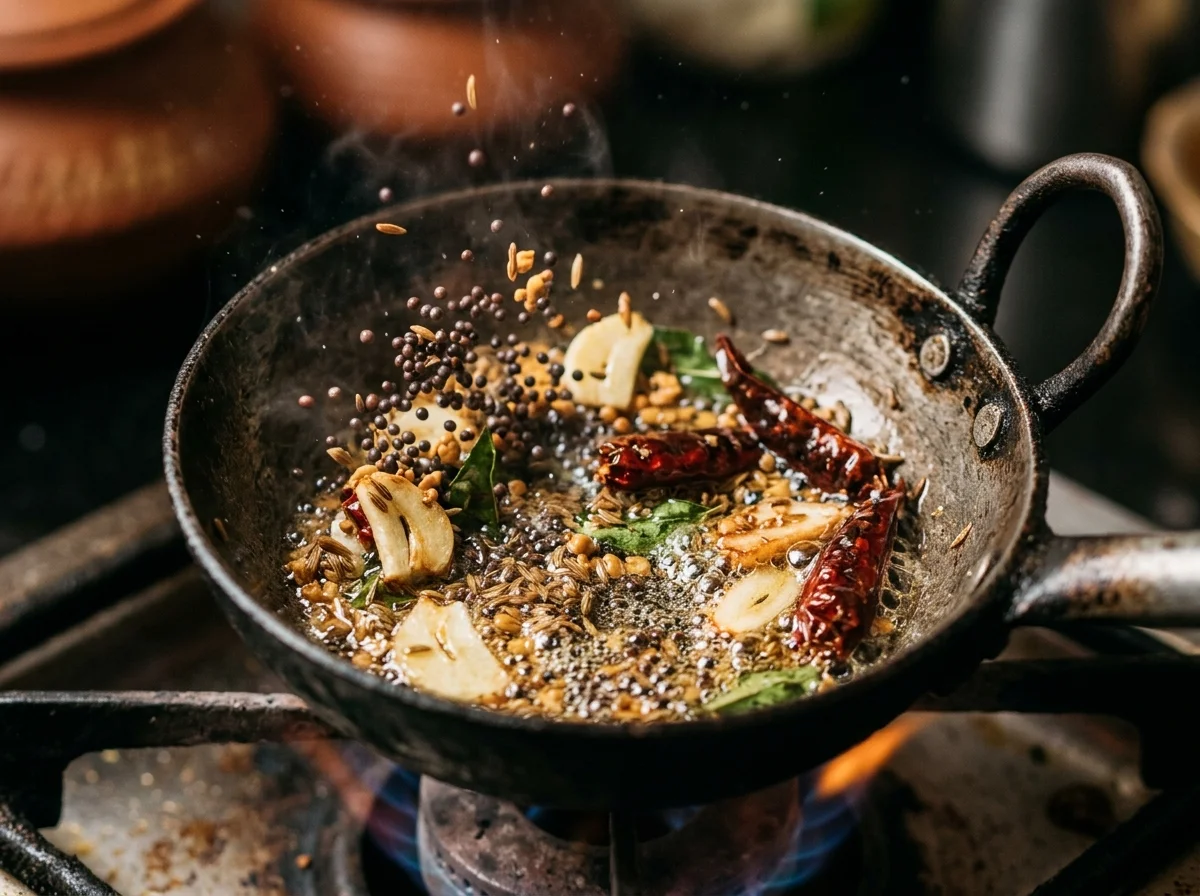 手順2: 弱火で15〜20分煮て豆を完全に煮崩す。トマト・にんにく・生姜を加えて5分煮る