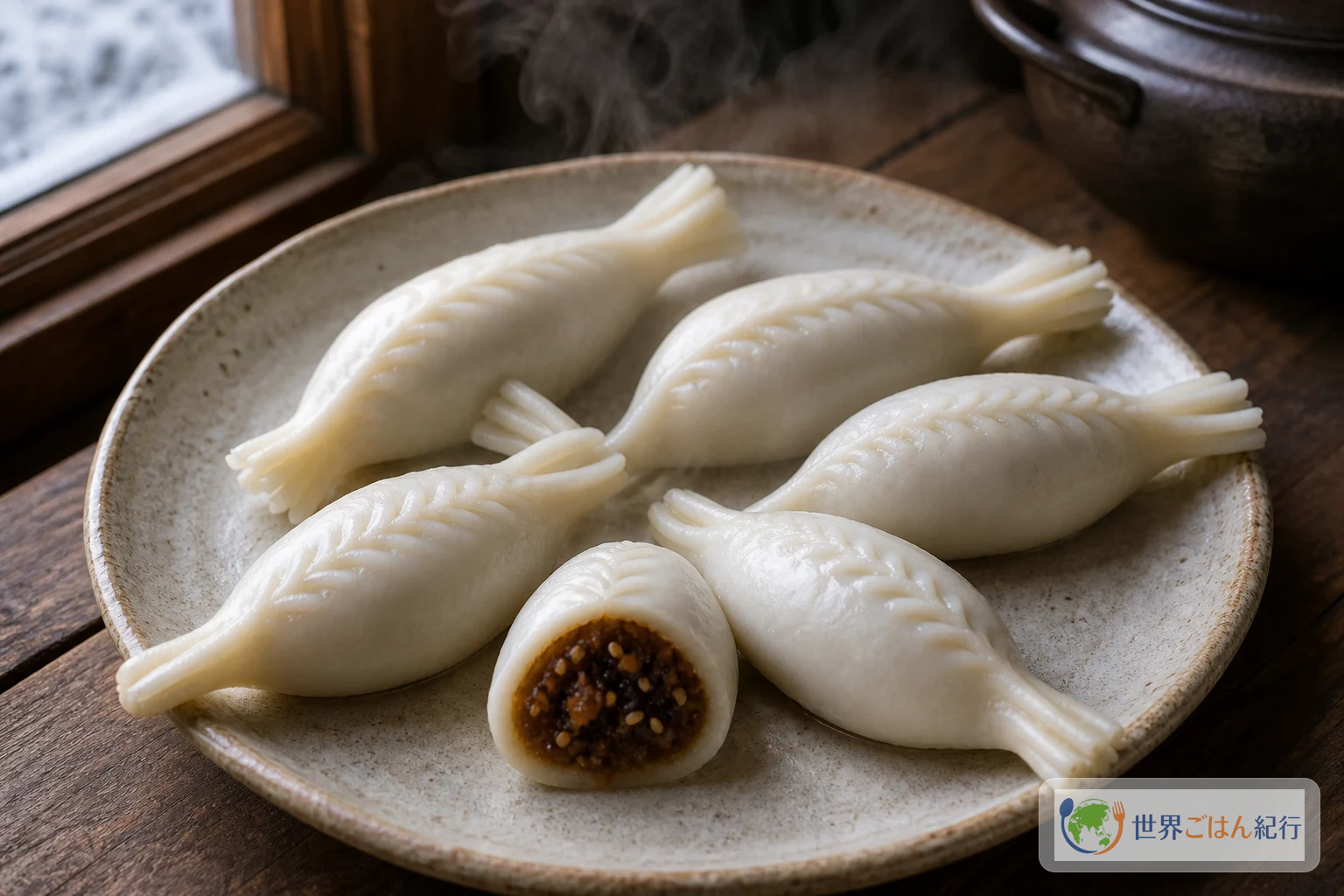 ネパールのヨマリ。魚のように細い尾をつけた米粉の蒸し菓子を割り、黒いチャク餡とごまを見せた皿