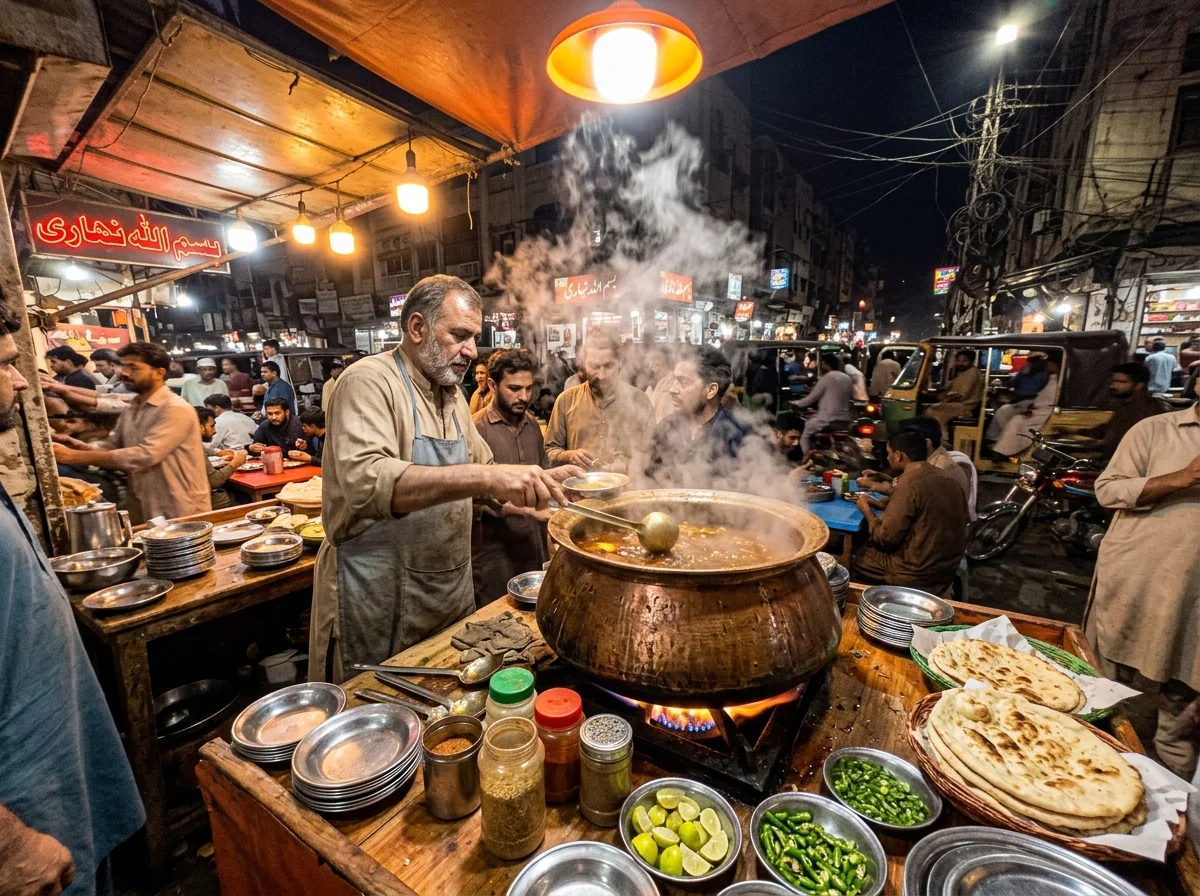 カラチの伝統的なニハリ食堂の夜の風景。大きな銅鍋で煮込まれるニハリ