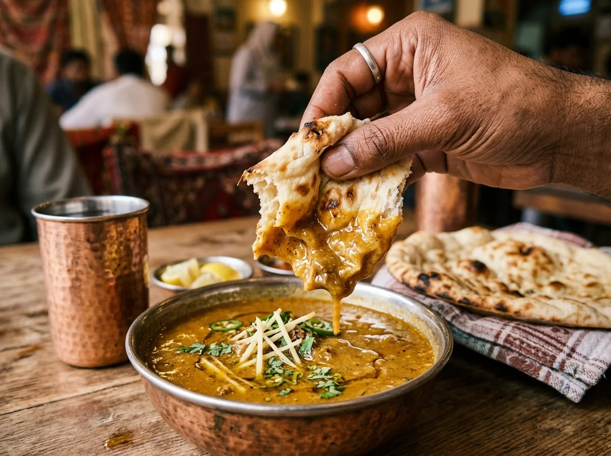 ナンをニハリのグレイビーにたっぷり浸して食べる様子。骨髄のゼラチンで濃厚なとろみがナンに絡みつく