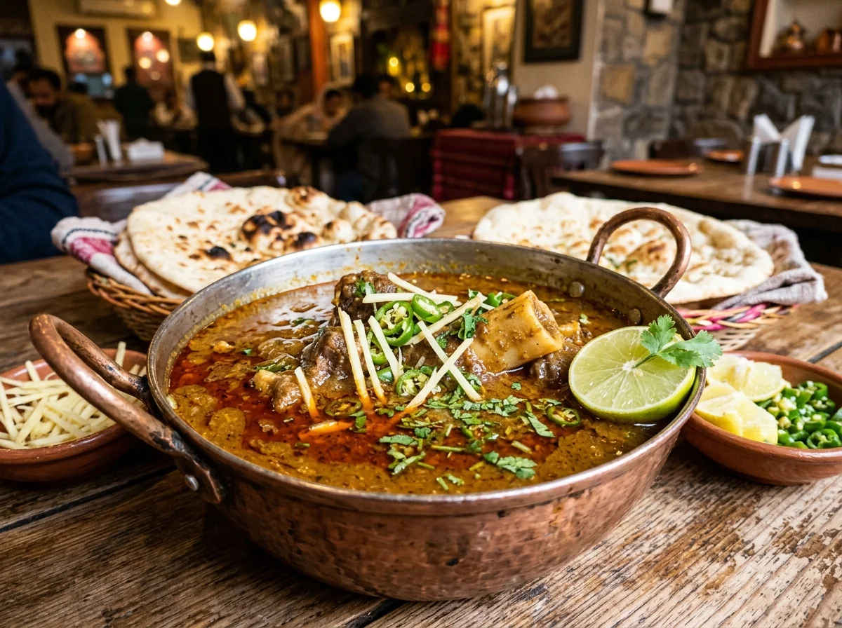 パキスタンの国民食ニハリ。黄金色の骨髄カレーに生姜の千切りと青唐辛子、コリアンダーを散らし、ナンを添えた一皿